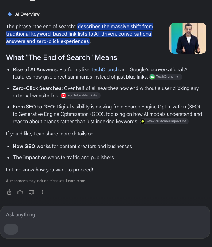Screenshot of a Google AI summary dated 1st September 2026 which says "The phrase "the end of search" describes the massive shift from traditional keyword-based link lists to AI-driven, conversational answers and zero-click experiences ."
