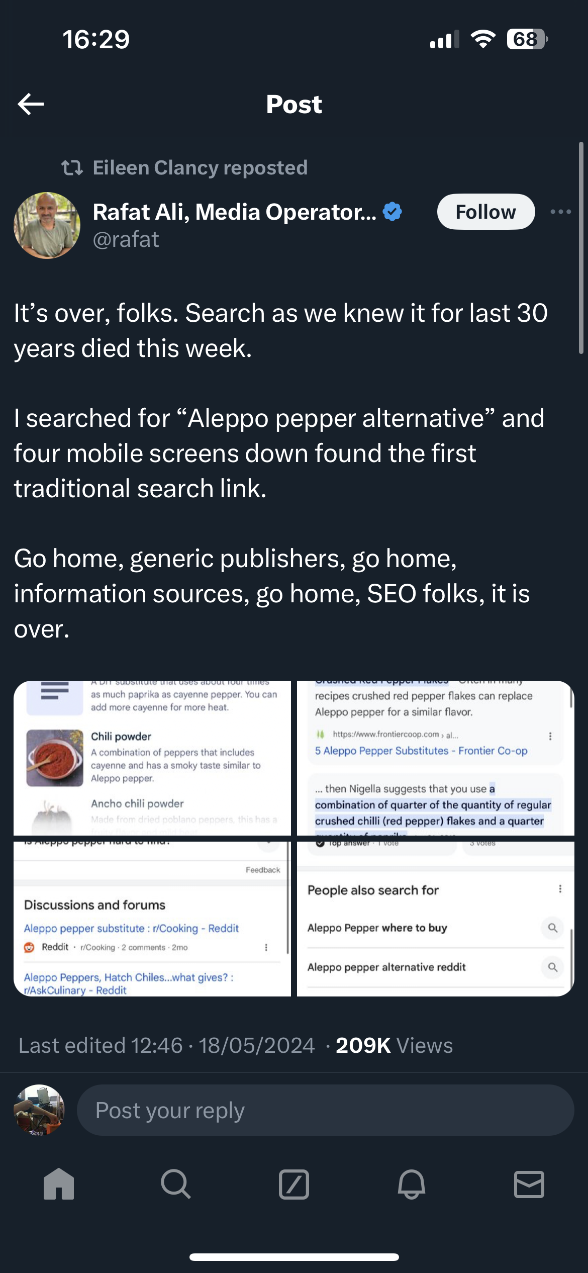 Screenshot of a tweet dated 18th May 2024 which says "It's over, folks. Search as we kew it for last 30 years died this week."
